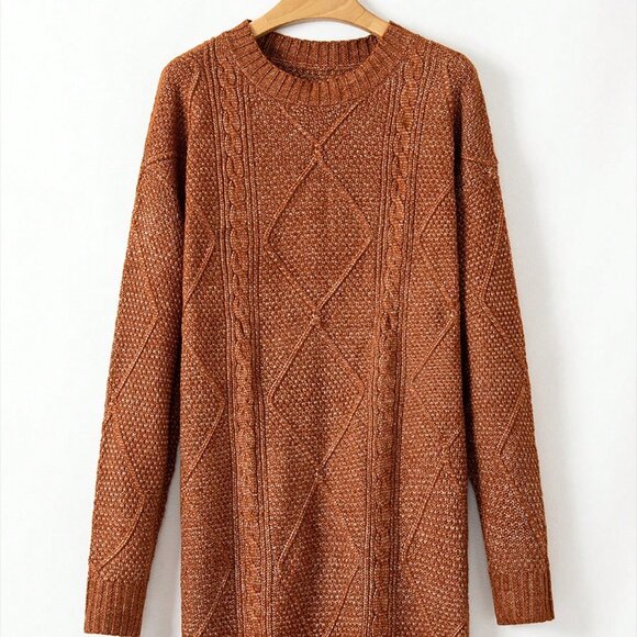 Brown Women's Casual Textured Knit Oversized Loose Fit Dress - Picture 5 of 10